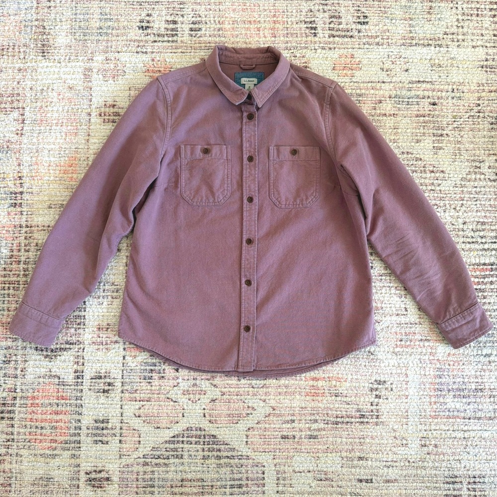 L.L. Bean Brushed Cotton Flannel Shirt Chambray Trim Mauve Pink Size M